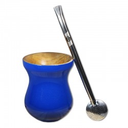 Cuia Tradicional Madeira Imbuia Azul com Bomba Inox Grêmio