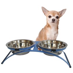 Comedouro Duplo Mini Metal e Pratos em Inox – Azul Pigmentado