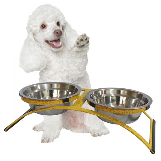 Comedouro Duplo Mini Metal e Pratos em Inox – Amarelo Pigmentado