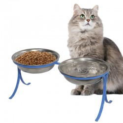 Comedouro Alto para Gatos em Inox Duplo – Azul