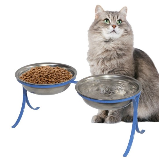 Comedouro Alto para Gatos em Inox Duplo – Azul