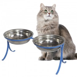 Comedouro Alto para Gatos em Inox Duplo – Azul
