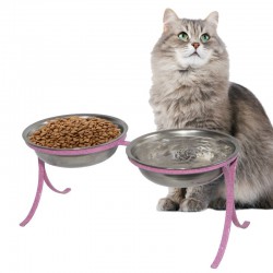 Comedouro Alto para Gatos em Inox Duplo – Rosa