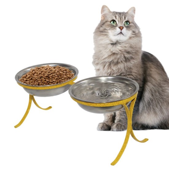 Comedouro Alto para Gatos em Inox Duplo – Amarelo