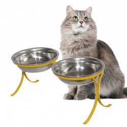 Comedouro Alto para Gatos em Inox Duplo – Amarelo