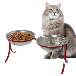 Comedouro Alto para Gatos em Inox Duplo – Vermelho