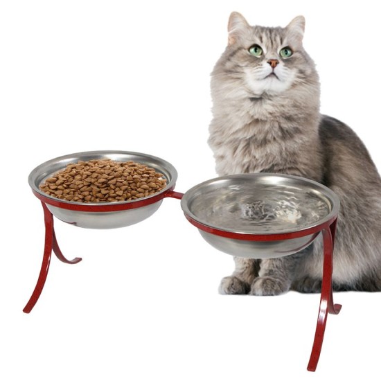 Comedouro Alto para Gatos em Inox Duplo – Vermelho