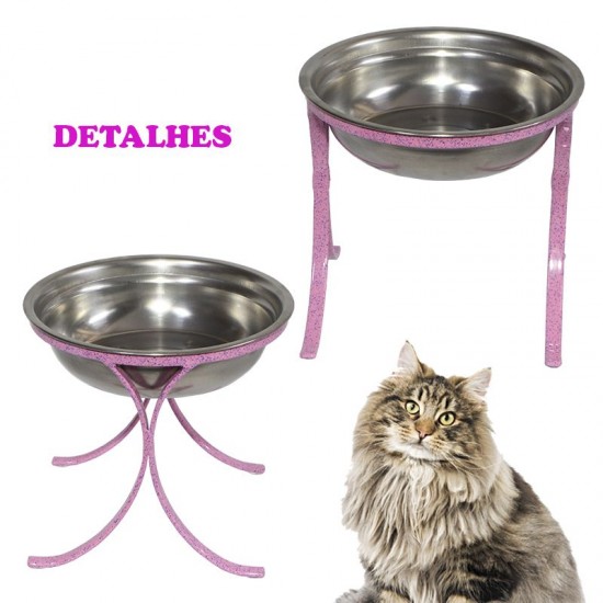 Comedouro Alto para Gatos em Inox Simples 580ml – Rosa