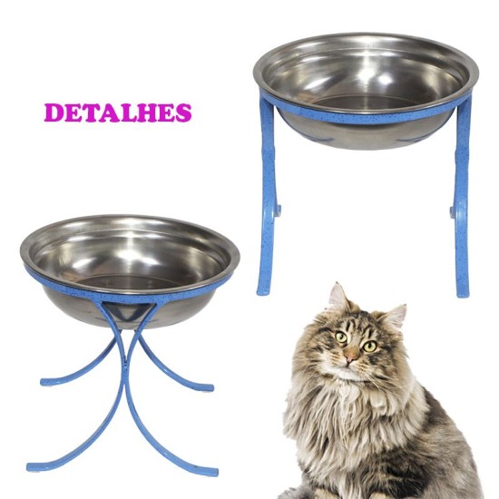 Comedouro Alto para Gatos em Inox Simples 580ml – Azul